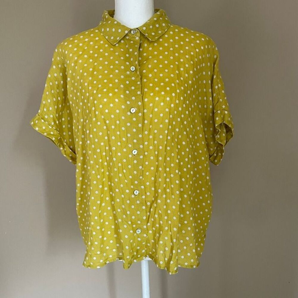 Rachel Roy 100% Linen Womens Polka Dot Large Yellow Button Down Top Oversized